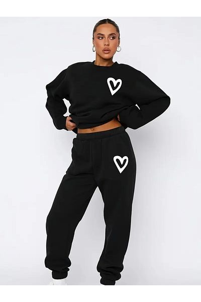 FUFLUNS Heart Printed Unisex Oversize Circle Neck Bottom/Upper Tracksuit Set