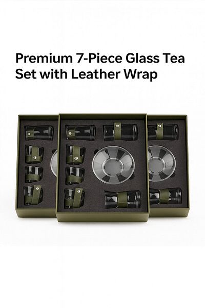 TSUMAB Premium 7-Piece Glass Tea Set with Leather Wrap – Set of 3