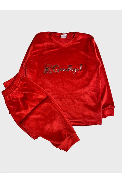 tusem butik homewear Girl's Velvet Red Goodbye Written Crew Neck Long Sleeve Elastic Leg Pajama Set