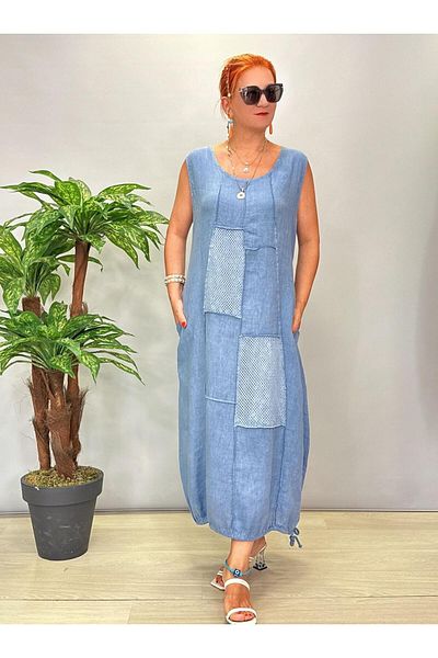 AGORATEKSTİL Women's Italian Sleeveless Mesh Detailed Cotton Oversize Dress