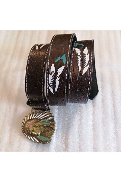 Butik Tülin حزام بإبزيم من الجلد الصناعي الأصلي للجنسين مطبوع عليه ريش زهرة م...