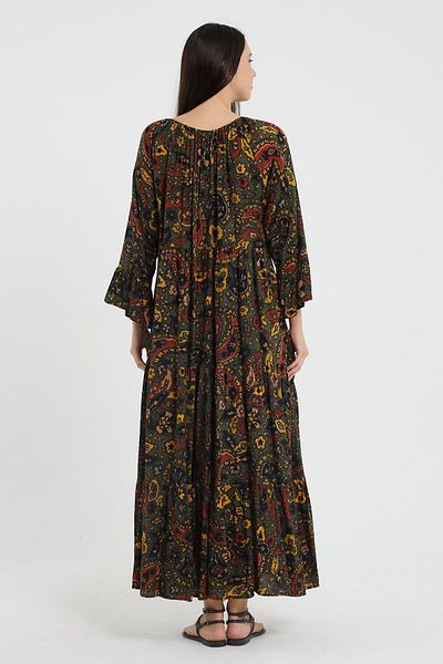AGORATEKSTİL Women's Madonna Collar Cotton Viscose Fabric Long Oversize Patterned Dress