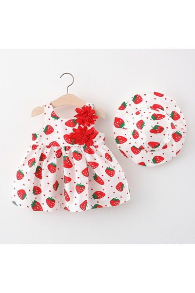 MINIMEAccessories Baby Girls Sundress & Hat Set | Cotton | 6-9 Months | White & Red | Lightweight & Breathable