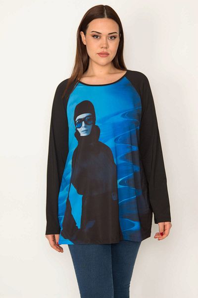 Şans Women's Plus Size Black-Blue, Crew Neck Printed Tunic 65N39061