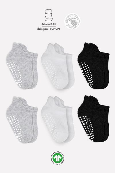 Budi 6 Pack Sneakers Non-Slip Combed Cotton Socks Bs20102 Gray White Black