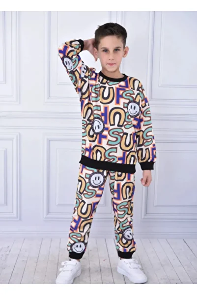 BUUFUU Digital Printed Long Sleeve Sweatshirt and Tracksuit Top and Bottom Double Set