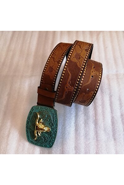 Butik Tülin حزام بإبزيم على شكل زهرة من الجلد الصناعي الأصلي للجنسين مطبوع عل...