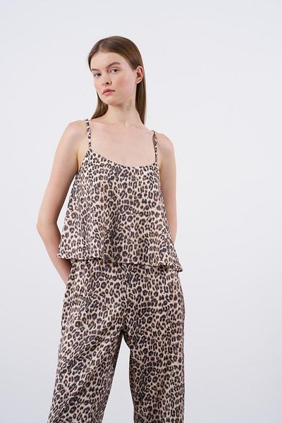 369 etnik butik Leopard Print Strap Top and Wide Leg Pants 2-Piece Set