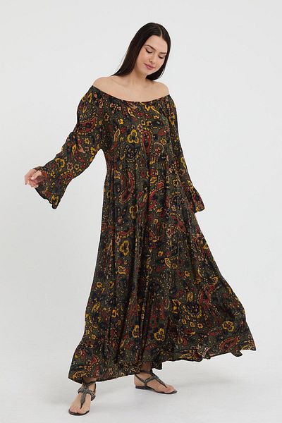 AGORATEKSTİL Women's Madonna Collar Cotton Viscose Fabric Long Oversize Patterned Dress