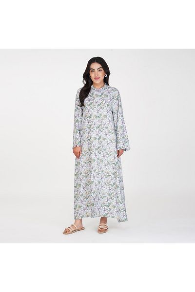 LINELLE White Base Maxi Dress with Soft Floral Prints and Frilled Cuffs