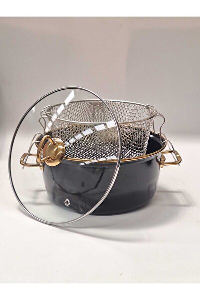 GİZEM Emaye 24 Cm Fritöz Kızartma Tenceresi Gold Krom Tel Kulplu Siyah