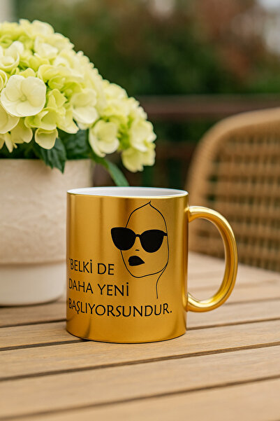 çokaş Text Printed Large Size Gold Color Coffee Mug