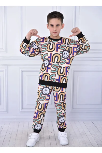 BUUFUU Digital Printed Long Sleeve Sweatshirt and Tracksuit Top and Bottom Double Set