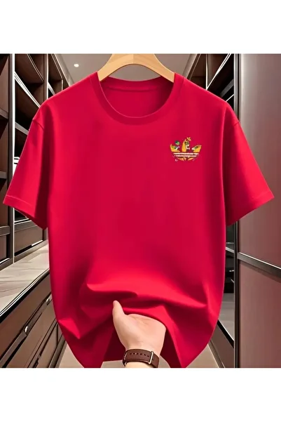 benimcombinim Colorful Leaf Chest Printed Cotton Combed Cotton Round Neck Red T-Shirt