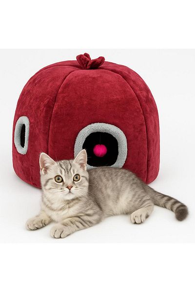 GREENWARRIOR Plush Cat Cave Bed with Toy, 63.5 x 38.1 x 25.4 cm, Burgundy Red