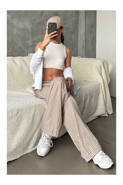 modayaselam Striped Linen Trousers with Elastic Waist