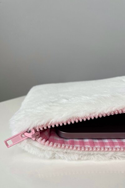 eles White Plush Tablet Bag, White Pink Plush Tablet Bag, White Tablet Case 11-12 Inch