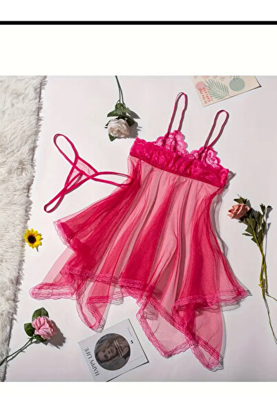 Marmara Romantik Dantel ve Tül Detaylı Pembe Gecelik her bedene uyan esnek