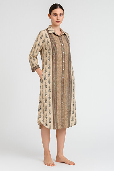 Çeşme Home Çeşme Home Boutique Ethnic Patterned Long Shirt Dress with Pockets – Red / Beige