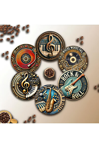 kutuTR Music Themed 6-Piece Coasters – 3D Look Mdf – 10 cm Brd-039