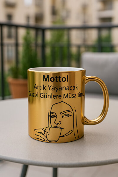 çokaş Text Printed Large Size Gold Color Coffee Mug