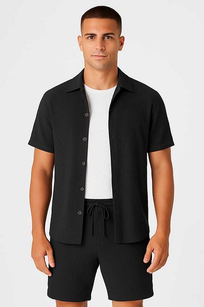 DWN WEAR Bürümcük Crinkle Fabric Summer Lycra Men's Shirt Shorts Set