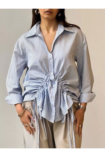 STILVANA Striped Shirt with a Drawstring Detail on the Front