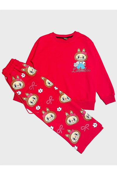 tusem butik homewear Girl's Cotton Pink Labubu Patterned Long Sleeve Wide Leg Tracksuit Set
