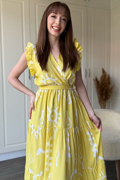 Dilay Gökoğlu Butik Double Breasted Yellow Patterned Midi Dress