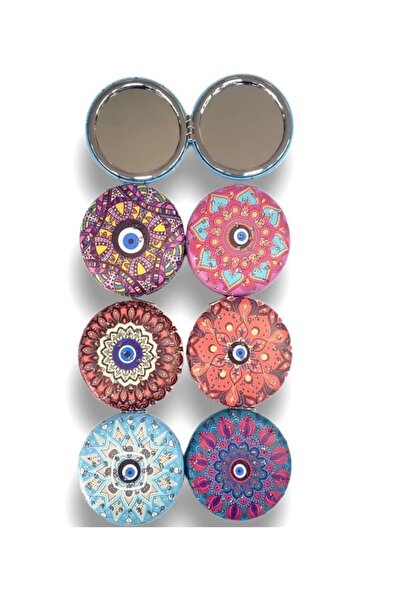ATABY Otantik Mandala Tasarımlı Nazar Boncuklu Büyüteçli Kozmetik Yuvarlak Cep Çanta Aynası Kapaklı El Mak