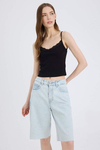 DeFacto New Season Fitted Slim Fit Square Collar Ribbed Camisole Strap Black Undershirt