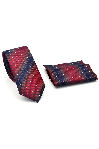 Gaffy Navy Blue Bias Patterned Burgundy Woven Fabric Slim Fit Tie with Handkerchief // Sdk-2505-3