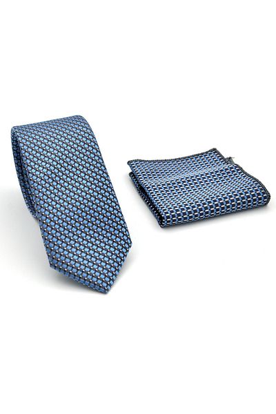 Gaffy White Small Square Pattern Blue Woven Fabric Slim Fit Tie with Handkerchief // Sdk-2511-5