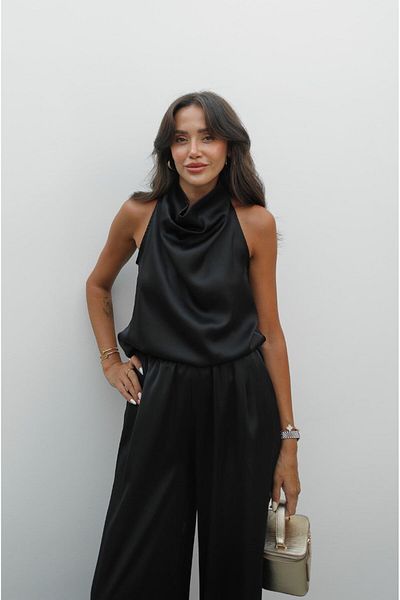 Havoş Black Winkle Satin Blouse Pants Suit