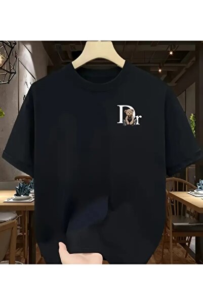 benimcombinim Dr Teddy Bear Printed Cotton Combed Cotton Round Neck Black T-Shirt