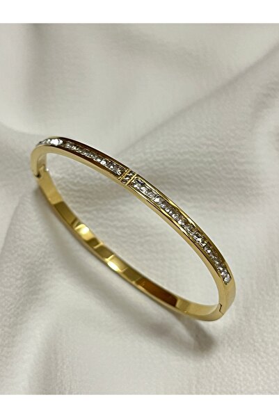 Çelik Lucky Store İnce Gold Zirkontaşlı Kelepçe Bilezik