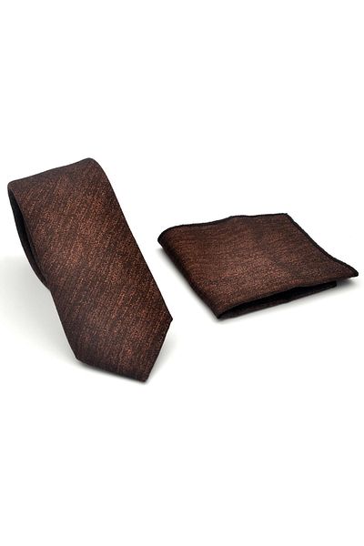 Gaffy Beige Crinkle Patterned Dark Brown Woven Fabric Slim Fit Tie with Handkerchief // Sdk-2501-6
