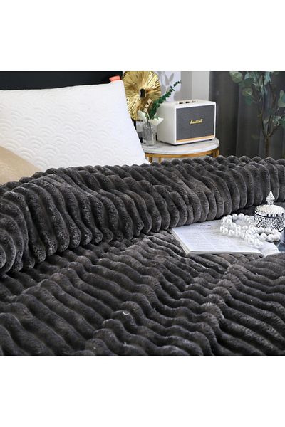 JOJO HOME Fluffy striped cocolino blanket, double bed, PCD-07, charcoal grey, 200 x 230 cm