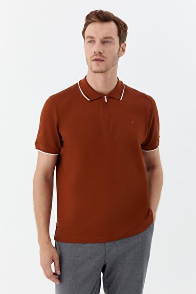 Sabri Özel Fermuarlı Polo Yakak Pike Erkek T-Shirt Kahve