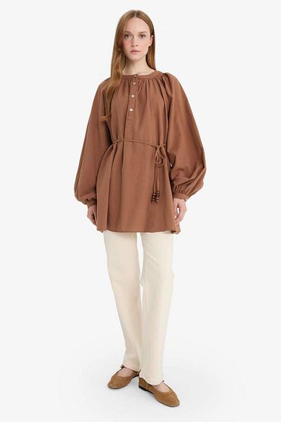 DeFacto New Season Muslin Basic Plain Lace-Up Long Sleeve Shirt Tunic