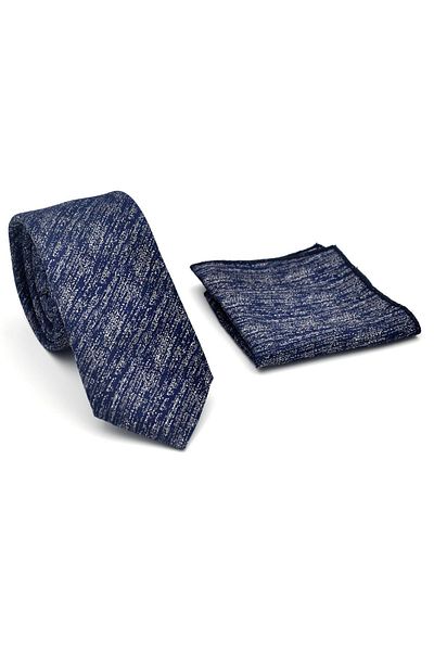 Gaffy Gray Crinkle Patterned Navy Blue Woven Fabric Slim Fit Tie with Handkerchief // Sdk-2501-2