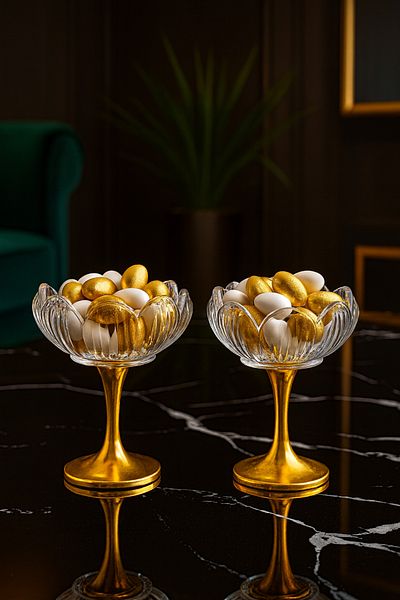 Gülümseten Avm Glass Lotus Flower Patterned Presentation Turkish Delight Bowl with Gold Feet |   Coffee Side Snack and Sugar Bowl |   Set of 2