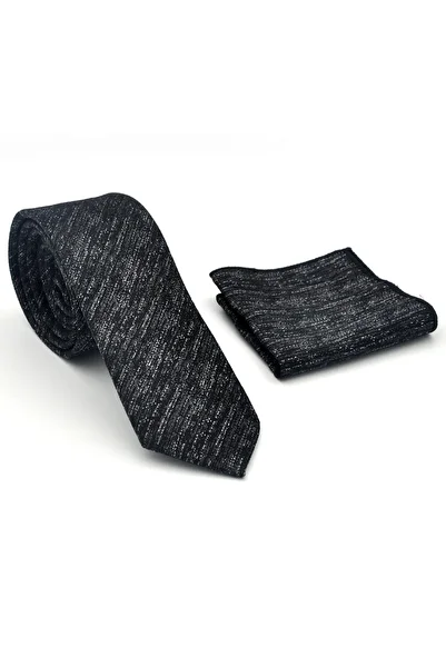 Gaffy Gray Crinkle Patterned Black Woven Fabric Slim Fit Tie with Handkerchief // Sdk-2501-1