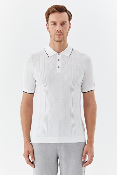 Sabri Özel Düğmeli Polo Yaka Jakar Desenli Triko Erkek T-Shirt Ekru