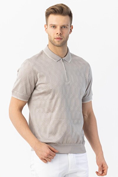 Sabri Özel Fermuarlı Polo Yaka Erkek T-Shirt Açık Bej