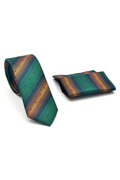 Gaffy Beige Bias Patterned Emerald Green Woven Fabric Slim Fit Tie with Handkerchief // Sdk-2505-7