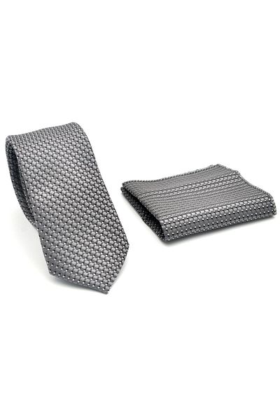 Gaffy White Small Square Pattern Gray Woven Fabric Slim Fit Tie with Pocket Square // Sdk-2511-4