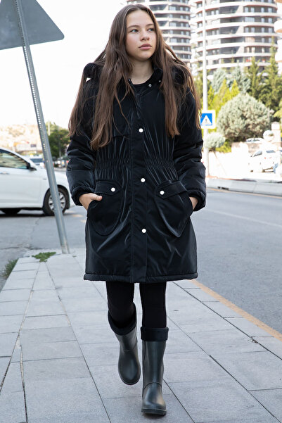 Cansın Mini Black Pocket Detailed Fur Inside Removable Hooded Girl's down Coat 21337