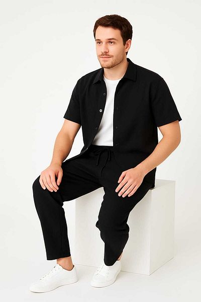 DWN WEAR Bürümcük Crinkle Fabric Summer Lycra Men's Shirt Pants Set