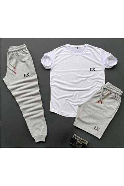 özcstore Men's / Women's White T-Shirt Gray Track Shorts Set Ex Printed